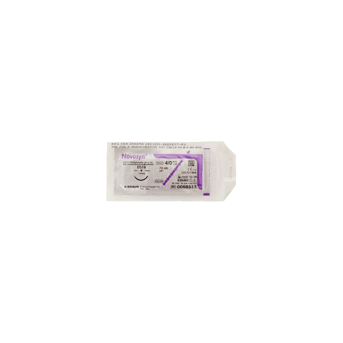 Sutura absorbible estéril NOVOSYN VIOLETA 4/0 HR26 X 70CM de B.Braun, trenzada, color violeta, fabricada en copolímero de glicolato y L-lactato.