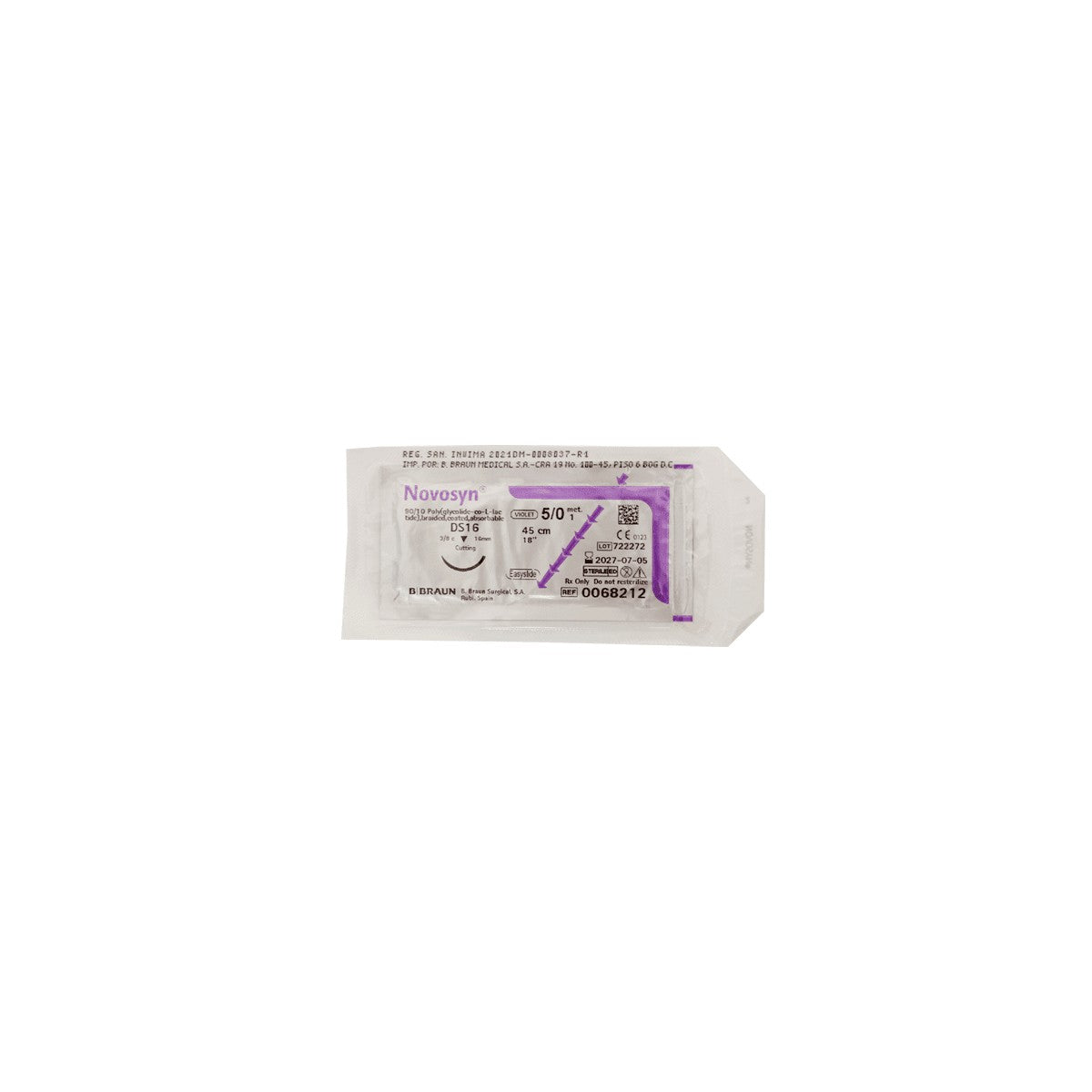 Hilo quirúrgico Novosyn Violeta 5/0 DS16 de 45 cm, color violeta, presentado en un fondo blanco, ideal para suturas.