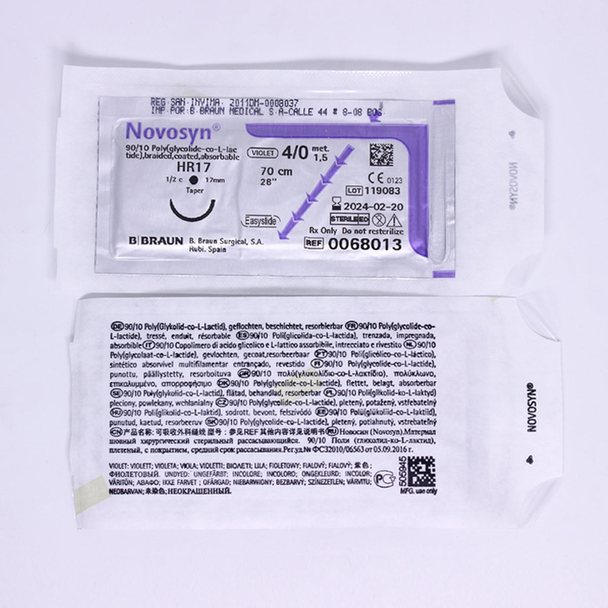Sutura sintética absorbible Novosyn® violeta 4/0 HR17 x 70 cm, hilo trenzado de glicolato, indicado para cirugía general y ginecología.