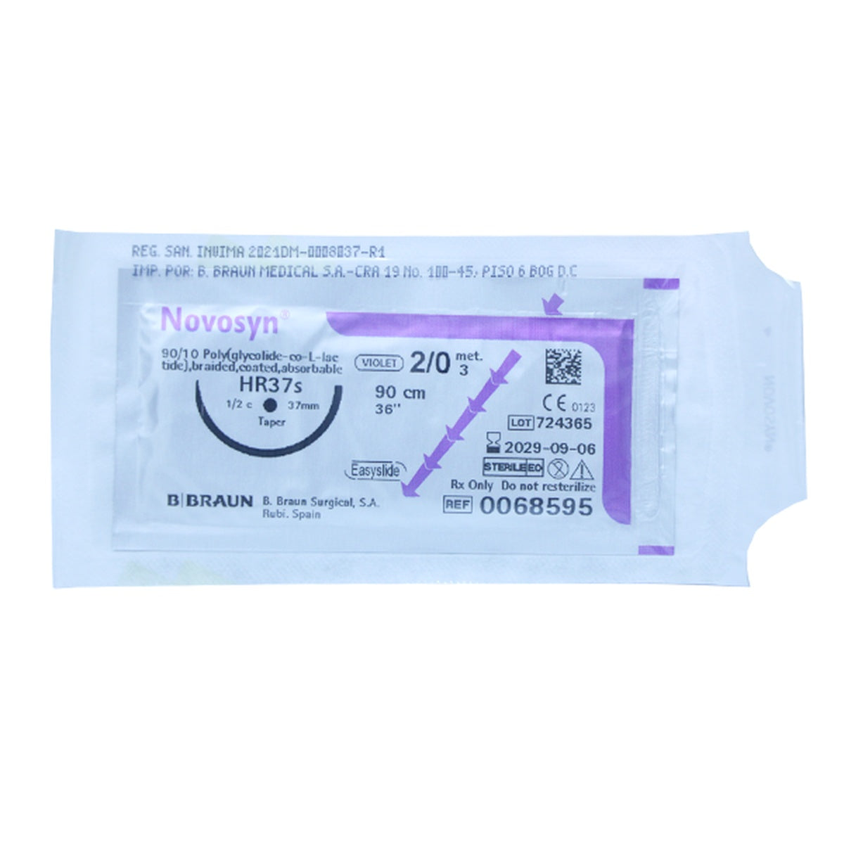 Sutura quirúrgica absorbible NOVOSYN VIOLETA 2/0 HR37S de B. Braun, 90 cm, trenzada, color violeta, con recubrimiento sintético para fácil deslizamiento.