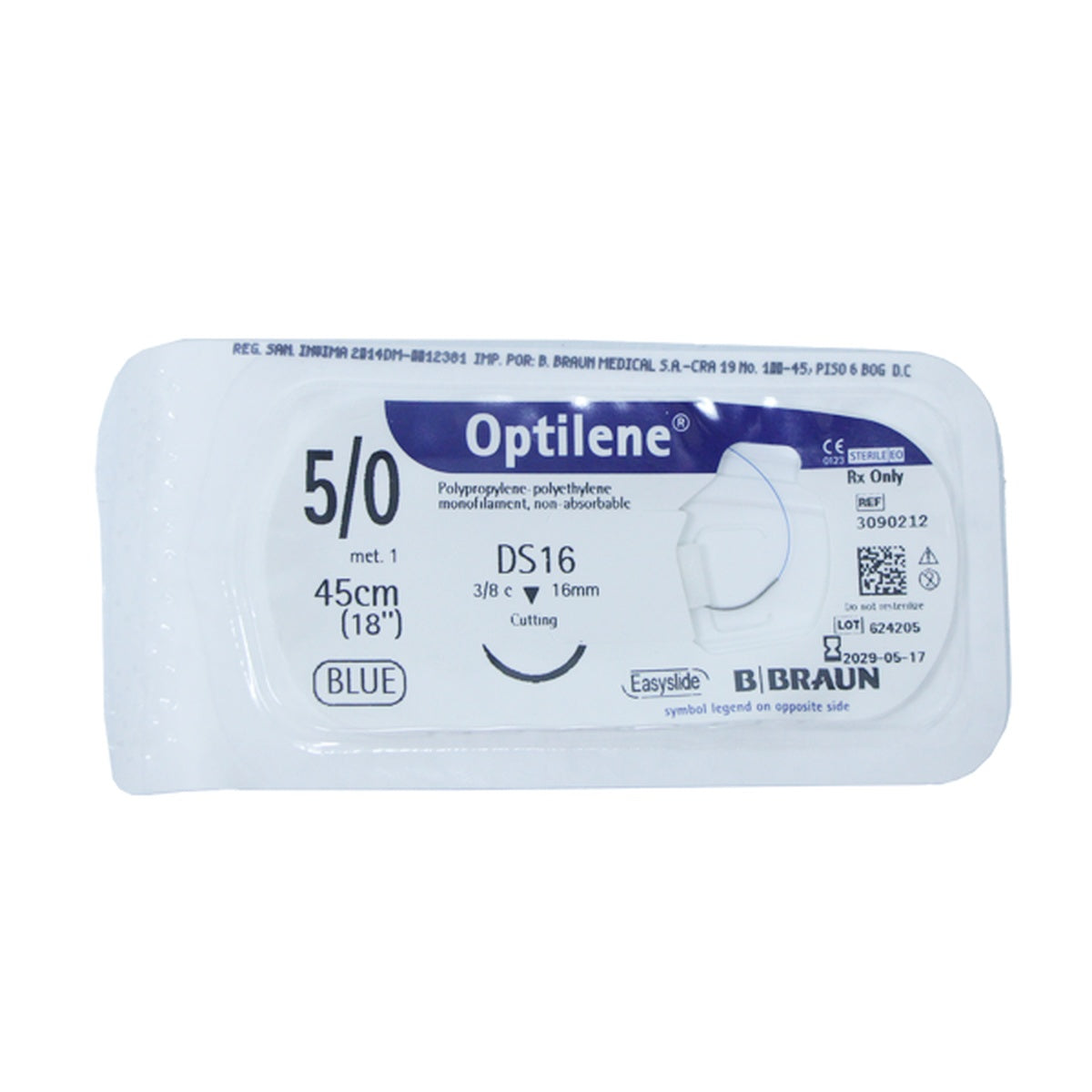 Sutura quirúrgica OPTILENE 5/0, 45 cm, monofilamento de polipropileno, color azul, con aguja de acero inoxidable, presentada en empaque estéril.
