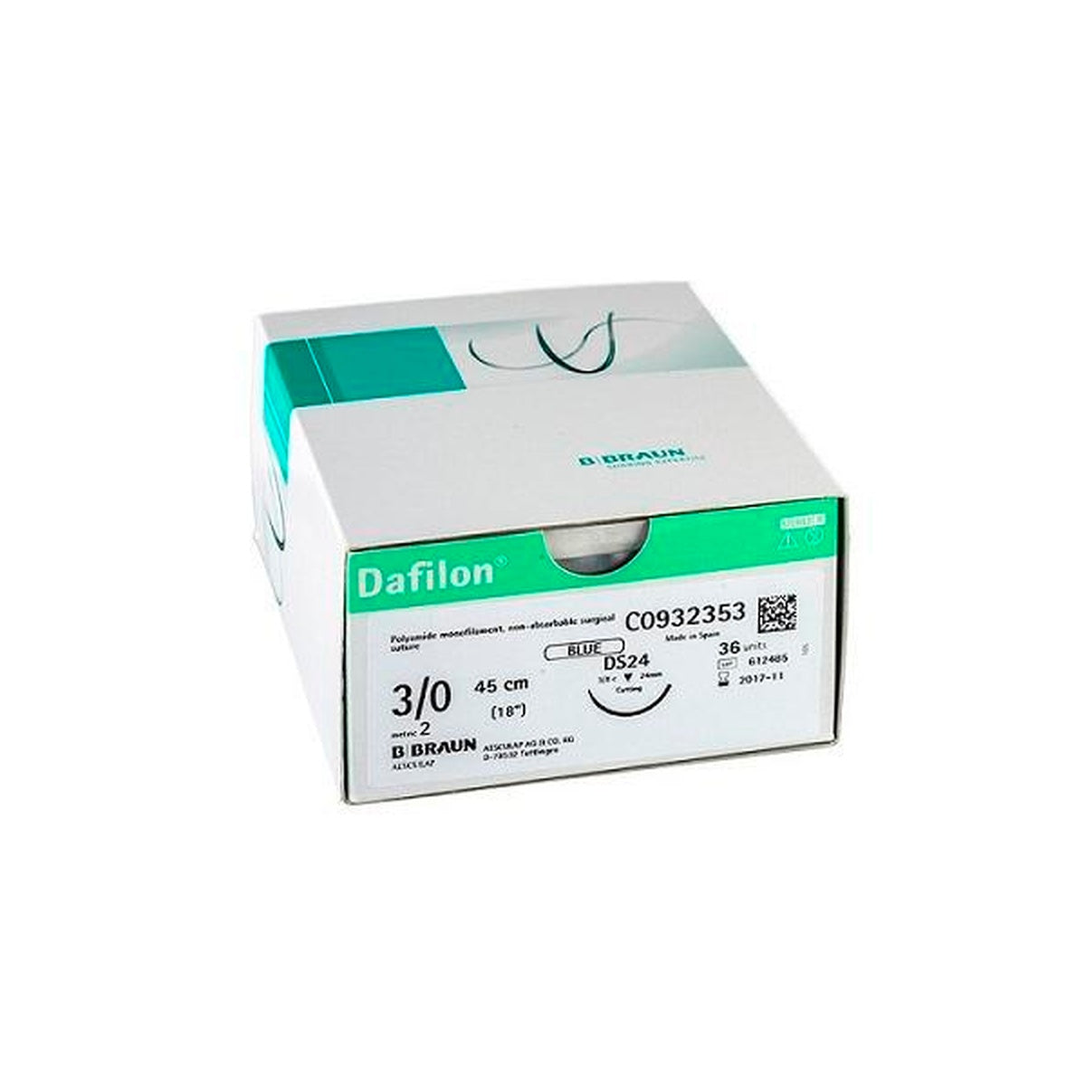 Sutura quirúrgica DAFILON 3/0 DS24 de B. BRAUN, monofilar, no absorbible, color azul, 45 cm de longitud, para aproximación de tejidos blandos.