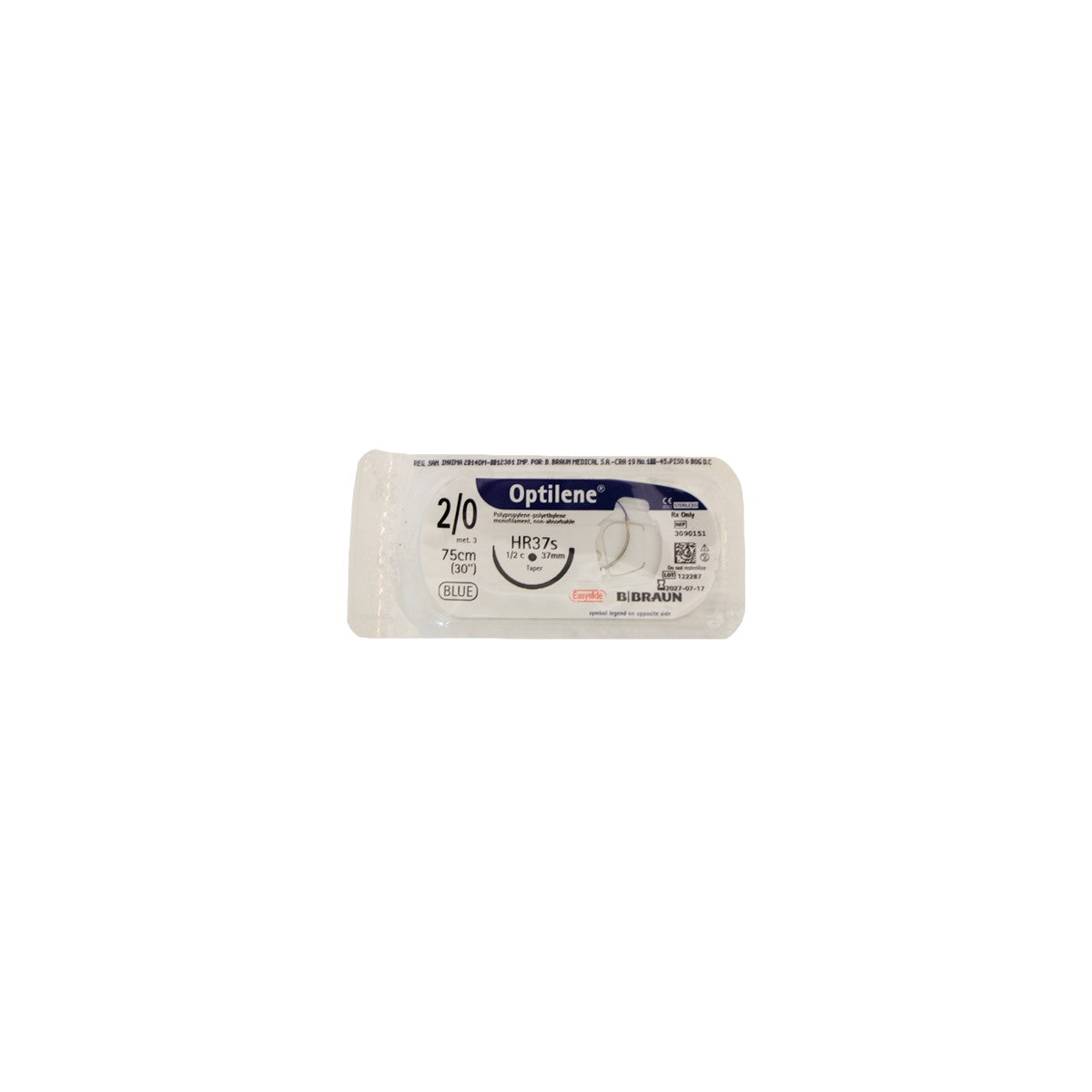 Hilo quirúrgico premium Braun Optilene 2/0 HR37S de 75 cm, color verde, presentado en un empaque estéril.