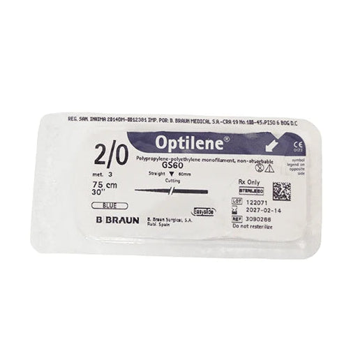 Hilo de sutura OPTI-LENE 2/0 GS60 de 75 cm, color verde, fabricado por Braun, presentado en empaque estéril.