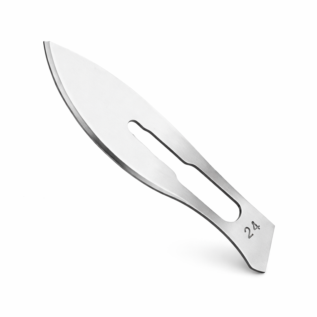 Hojas bisturí Paramount #24, acero inoxidable, diseño afilado y preciso, presentadas en empaque individual.