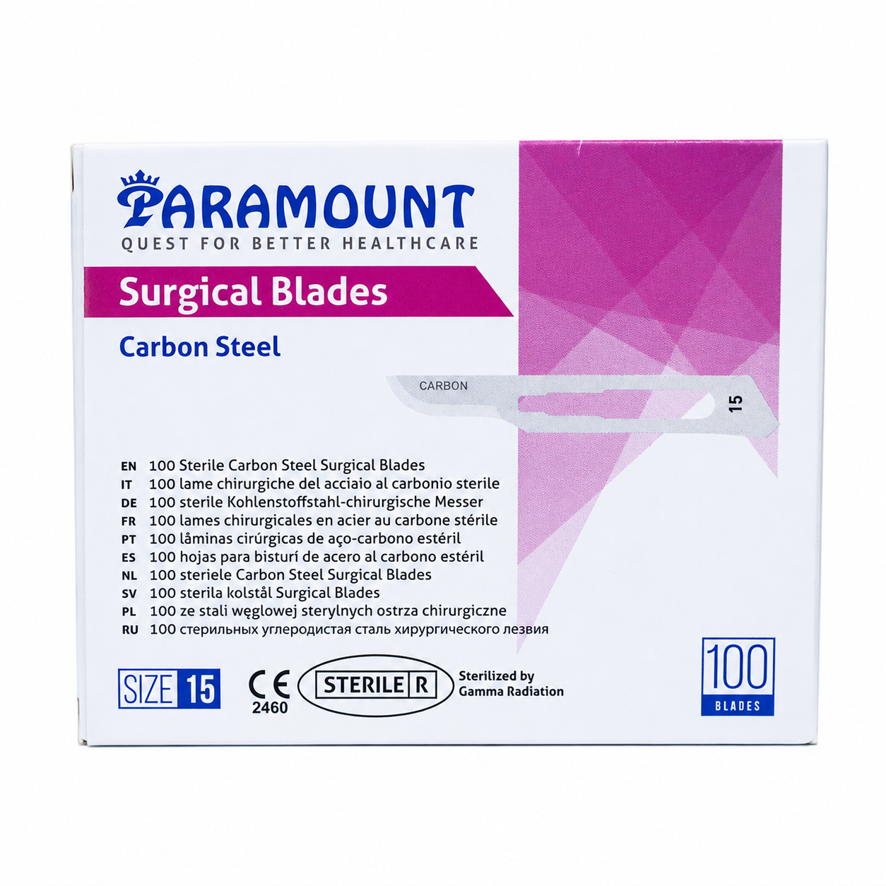 Hojas bisturí #15 Paramount caja x 100 unidades para procedimientos médicos y quirúrgicos de alta precisión.