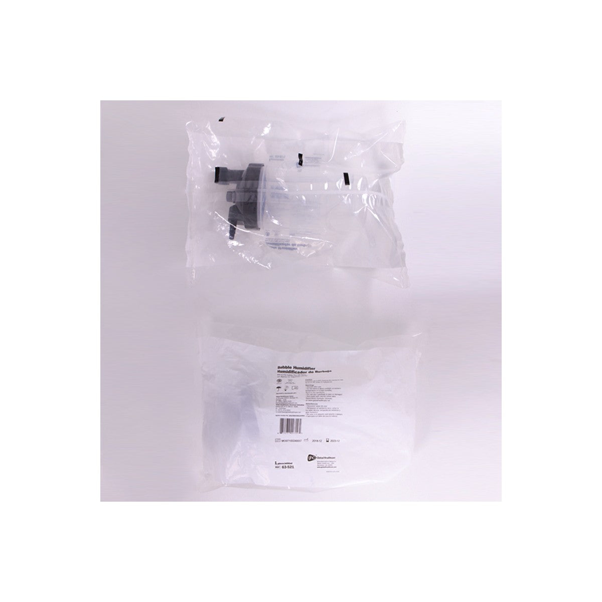 Humidificador de burbuja 6PSI de Global Healthcare, color blanco, con diseño compacto y conexiones para uso clínico.