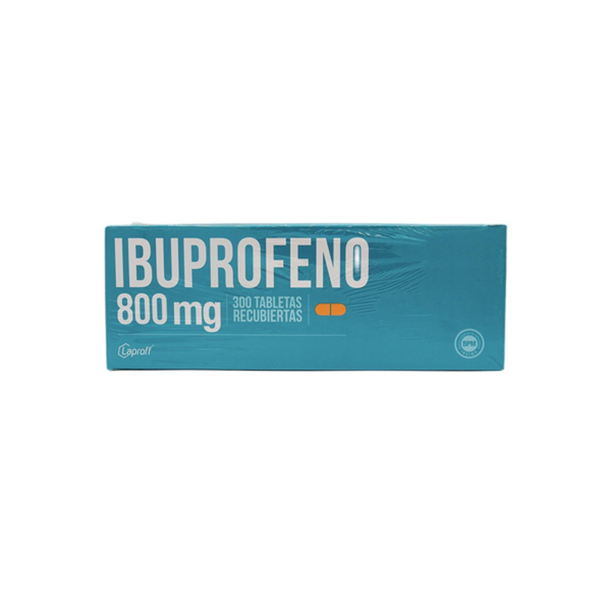 Ibuprofeno 800 mg, caja con 300 tabletas recubiertas, de color blanco, para alivio de inflamación y dolor.