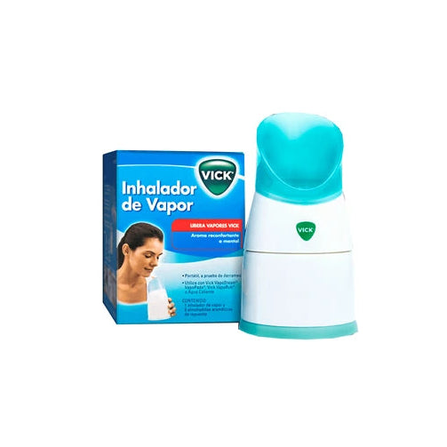 Inhalador de vapor portátil Vick V1300N-LA, de color blanco y azul, con diseño compacto y boquilla ergonómica para uso personal.