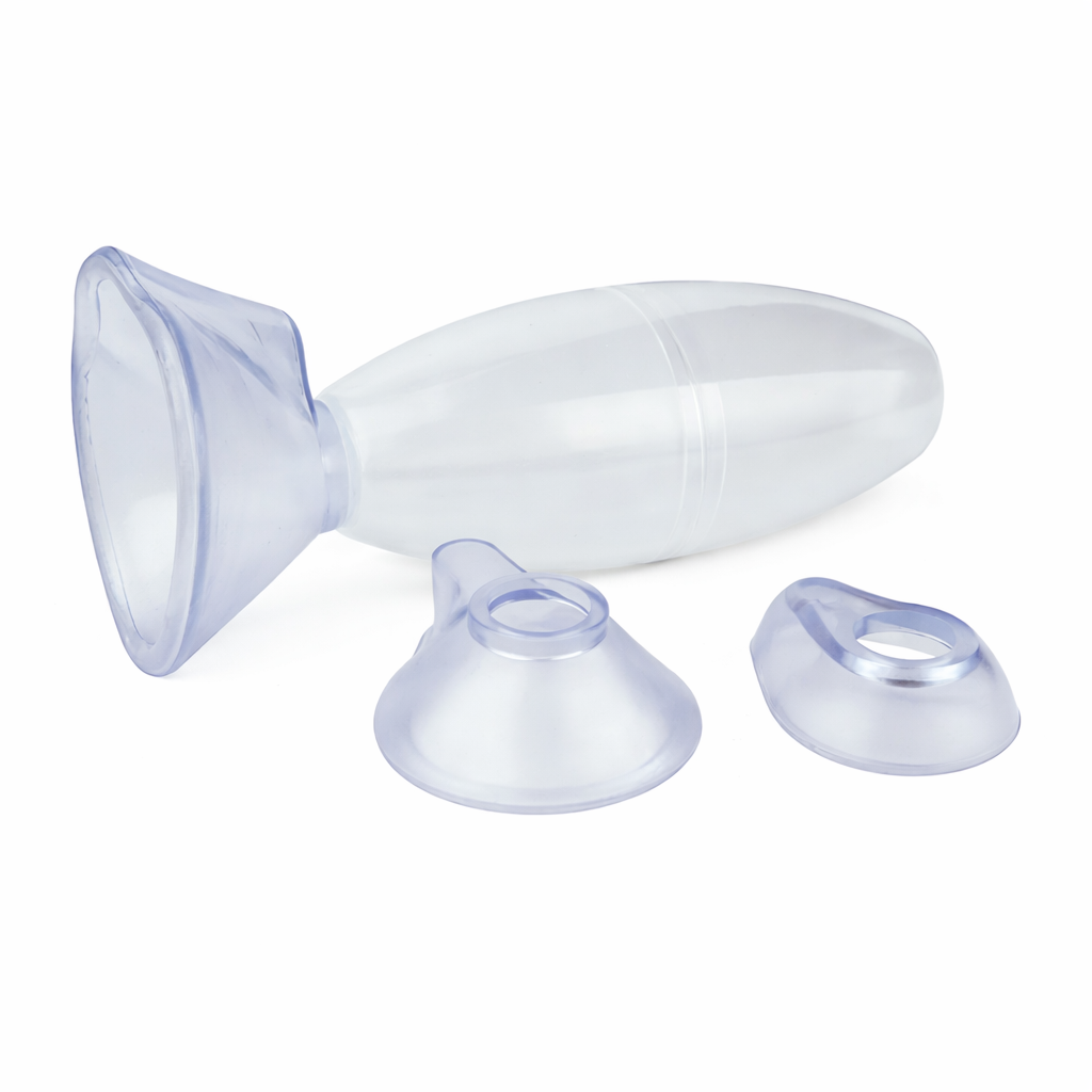 Inhalocámara de BIOPLAST, dispositivo médico desmontable de 500 ml, con máscara ergonómica de PVC y válvula unidireccional, color transparente.