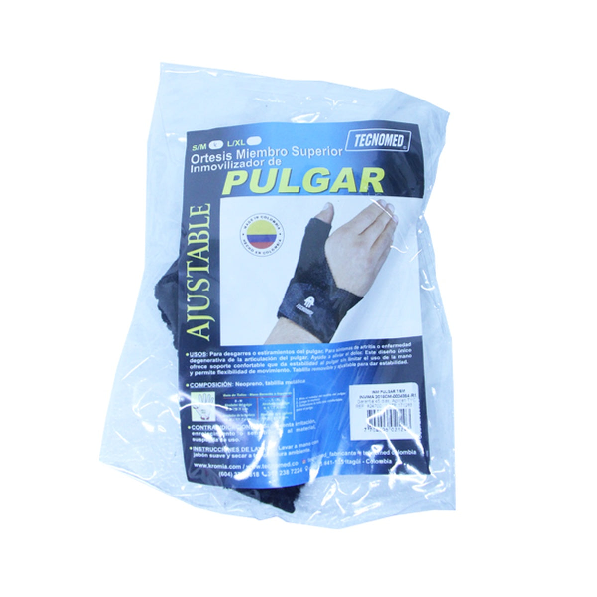 Inmovilizador de pulgar ambidiestro KROMIA, color negro, talla S-M, fabricado en neopreno afelpado de 2mm y nylon, con estabilizadores de aluminio.