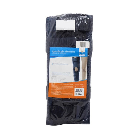 Inmovilizador de rodilla corto de 16 pulgadas, modelo 15110, en color negro, fabricado en material textil resistente, diseñado para soporte y estabilización.