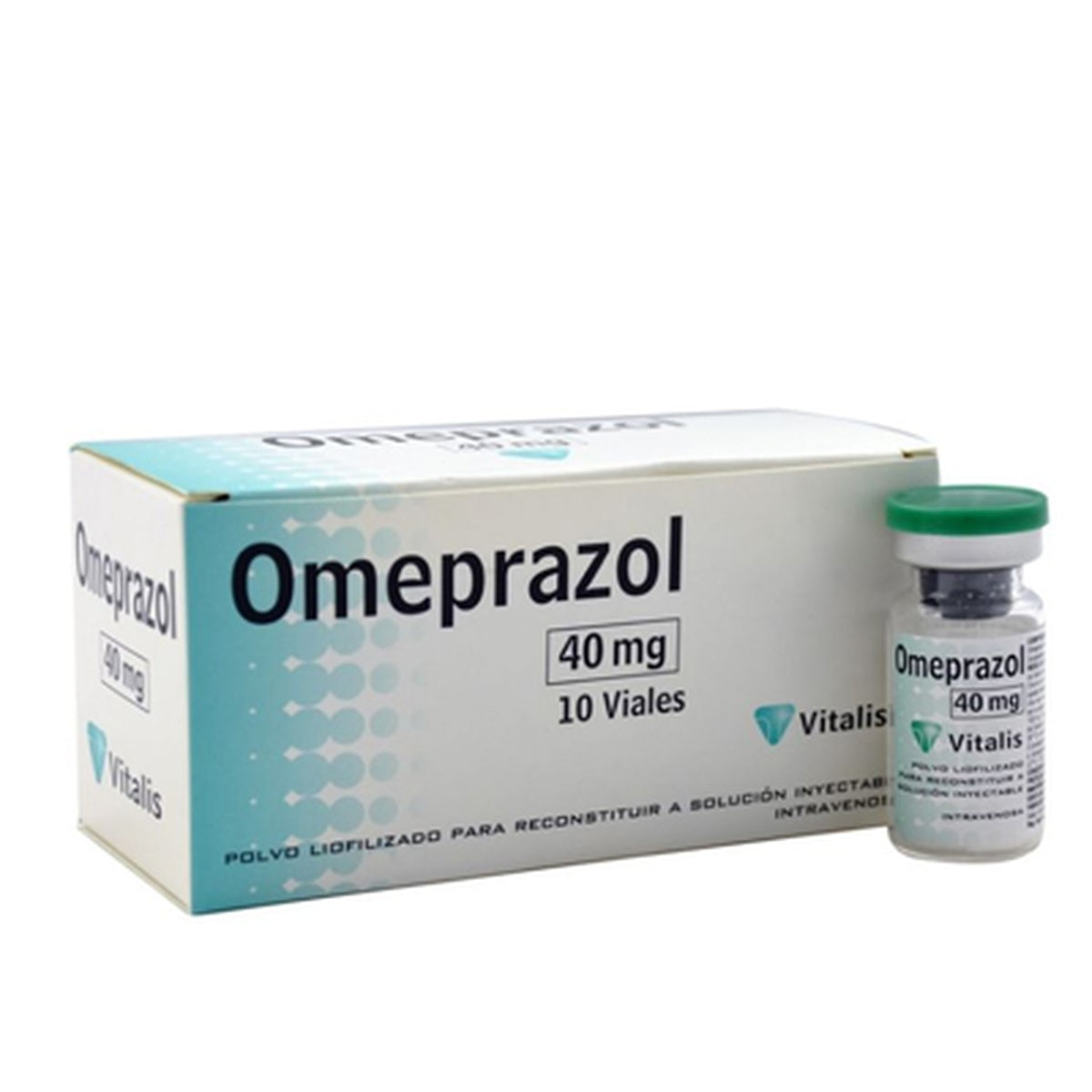 Omeprazol 40 mg en polvo liofilizado, color blanco a ligeramente amarillo, para reconstituir en solución inyectable, presentado en vial.