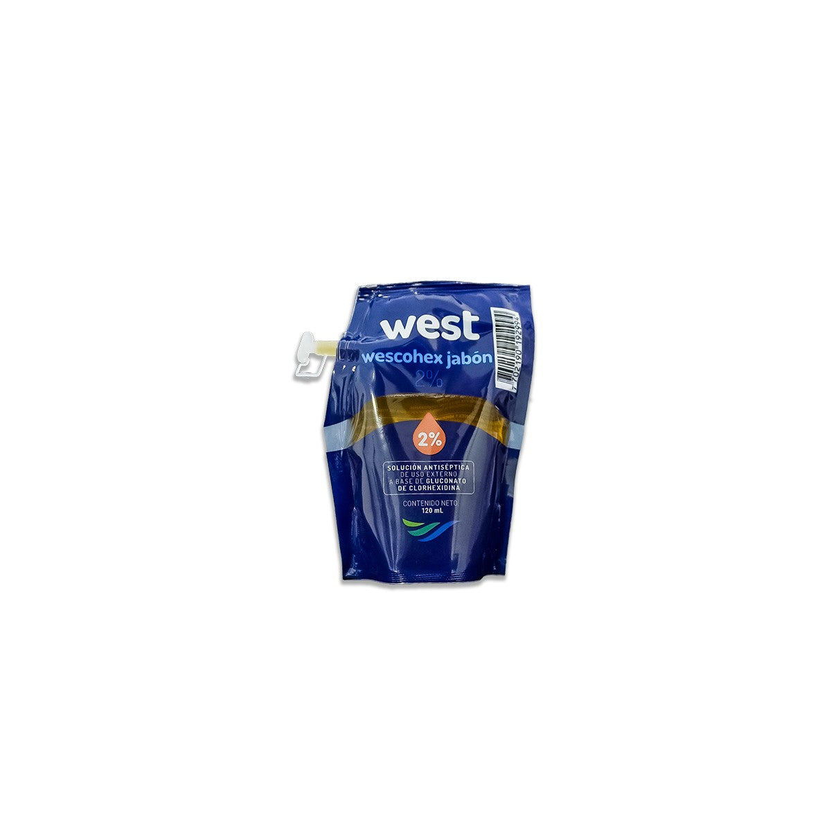 Jabón antibacterial WESCOHEX 2% en bolsa de 120 ML, color transparente, con etiquetado claro y diseño funcional.