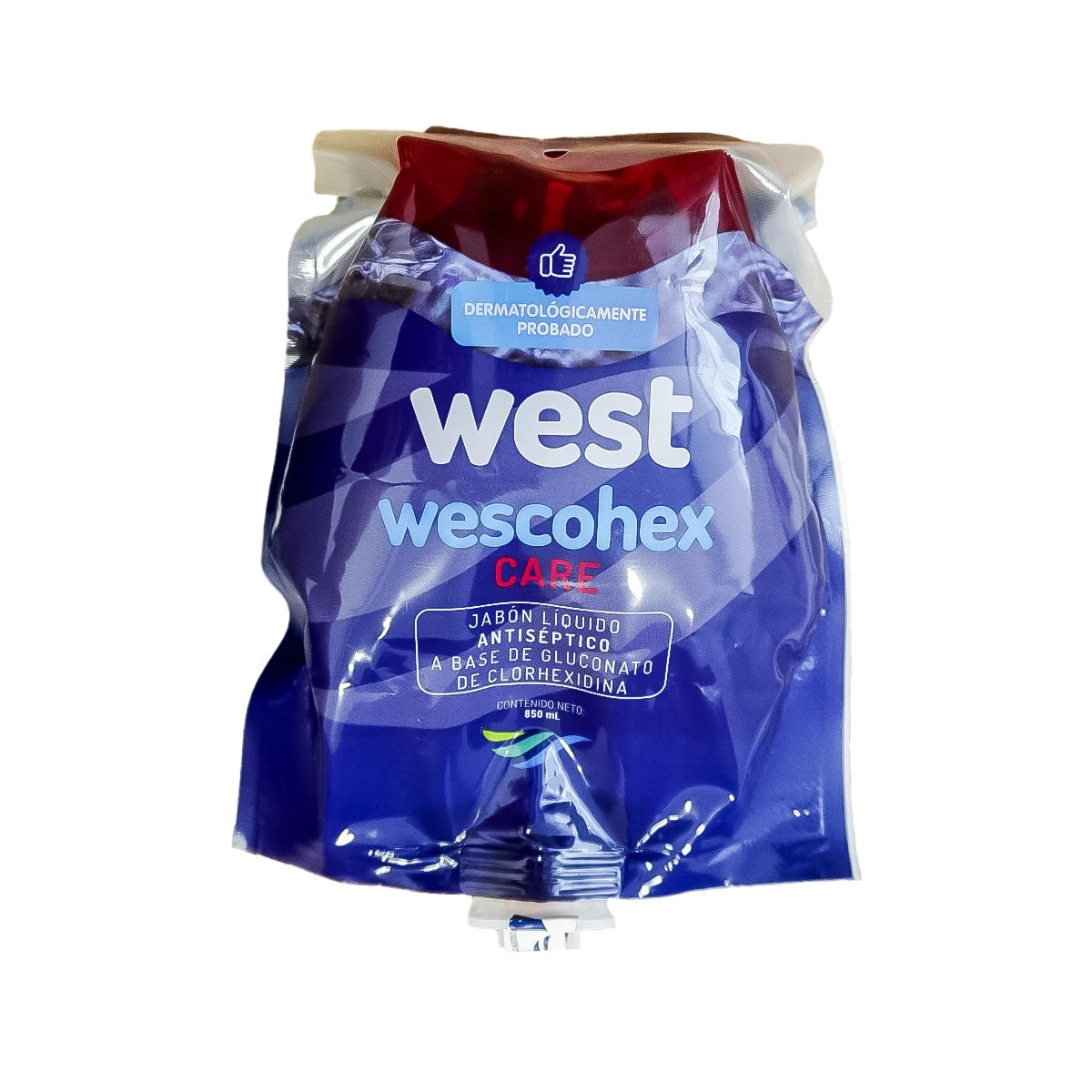 Jabón antiséptico WESCOHEX CARE de 850 ML, formulado con clorhexidina, en envase plástico transparente con tapa a rosca.