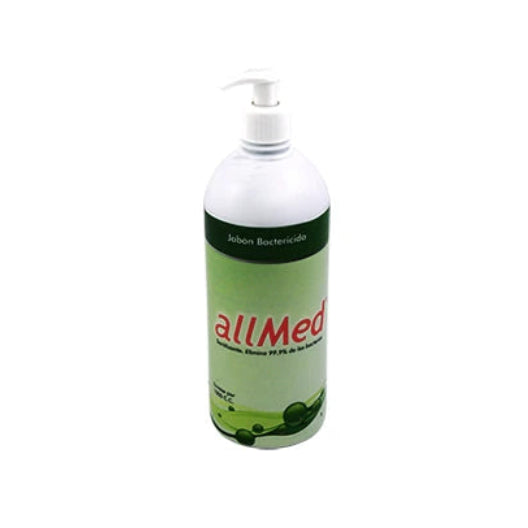 Jabón bactericida Allmed 500cc en envase plástico transparente, líquido de color claro, ideal para higiene y cuidado cosmético.