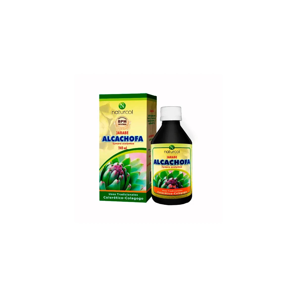 Solución oral de alcachofa Naturcol, 240 mL, con extracto fluido de hojas frescas, color ámbar, en frasco de vidrio.