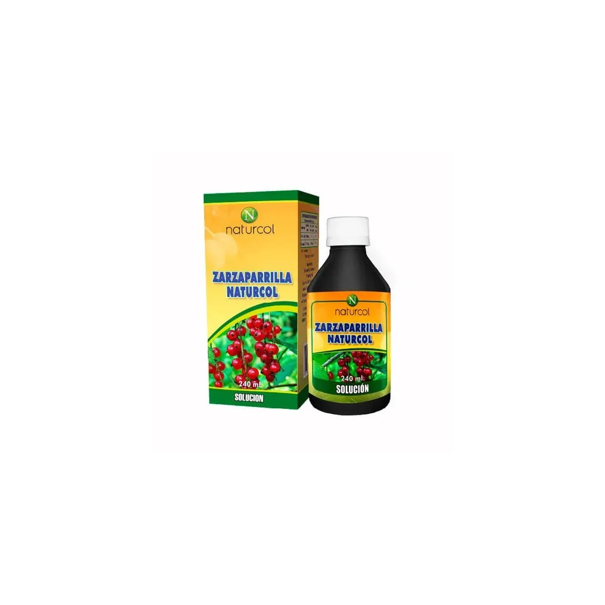 Zarzaparrilla Naturcol, solución oral de 240 mL, frasco de plástico transparente con tapa blanca, líquido marrón oscuro.