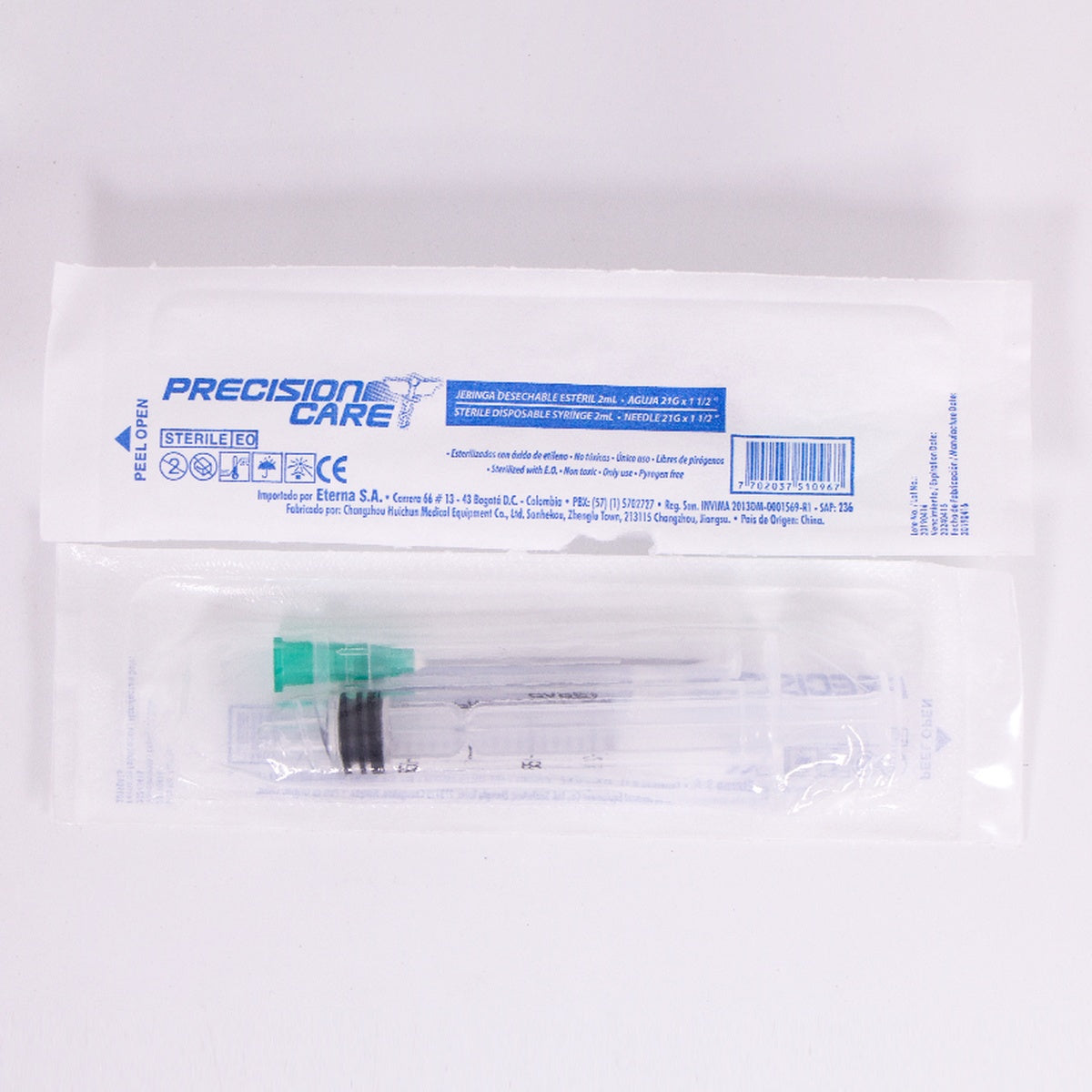 Jeringa estéril desechable Precision Care de 2 ml, con cilindro de polipropileno transparente y sistema Luer Lock, para administración de líquidos.