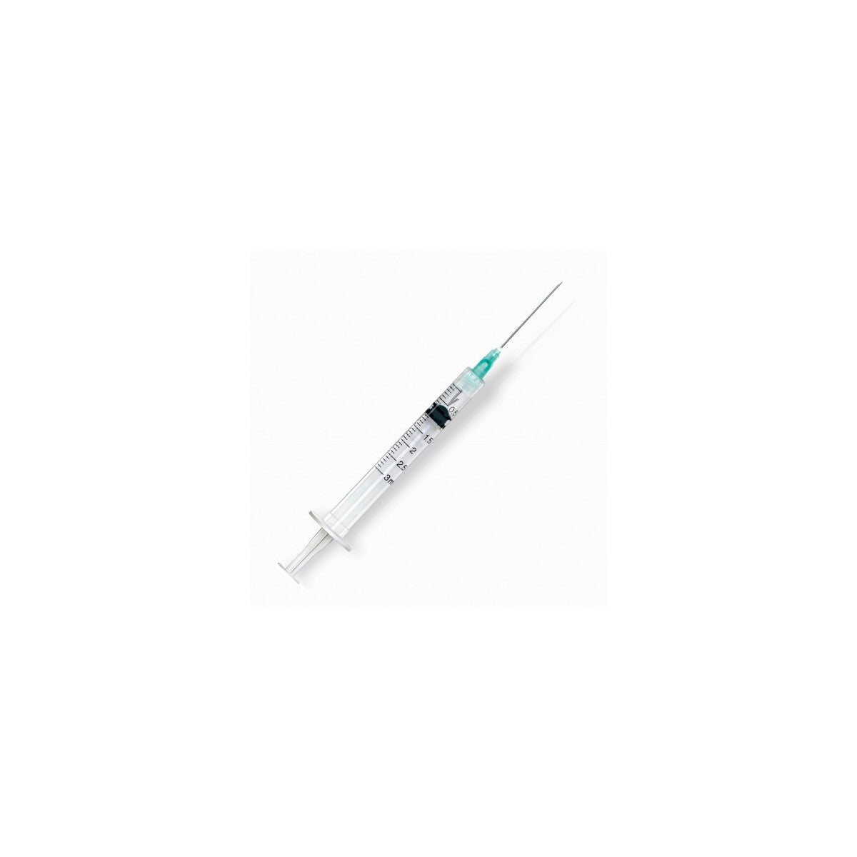 Jeringa Precision de 3 ml, 21G, con rosca de 3 puntos, fabricada en plástico transparente, ideal para aplicaciones médicas.