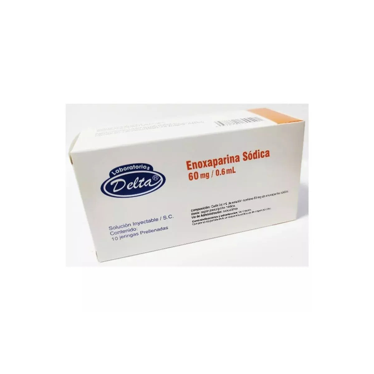 Jeringa prellenada de enoxaparina sódica 60 mg/0,6 ml, con aguja de acero inoxidable y tapón de caucho, en caja de 10 unidades.