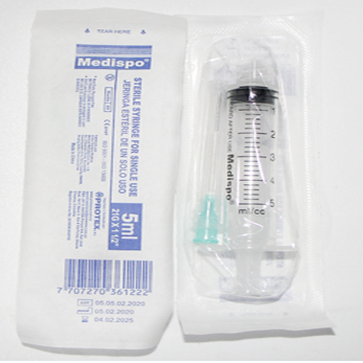 Jeringa de 5 ml, marca Protex, modelo 21 x 1 1/2, fabricada en plástico transparente, con tres partes y sin aguja.