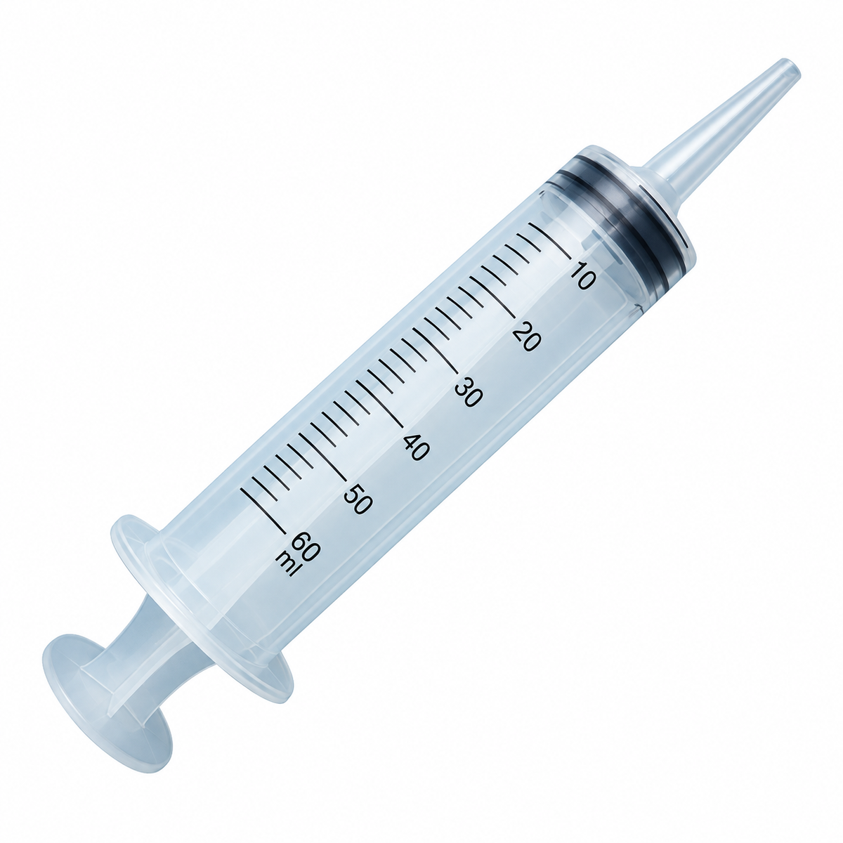Jeringa Alfasafe de 60 ml con punta catéter y conexión Luer Slip, sin aguja, diseñada para administración, irrigación o aspiración de líquidos.