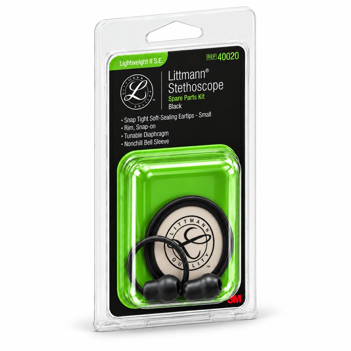 Kit de accesorios 3M Littmann color negro para modelos Classic III y Cardiology IV, práctico para mantenimiento y reposición.