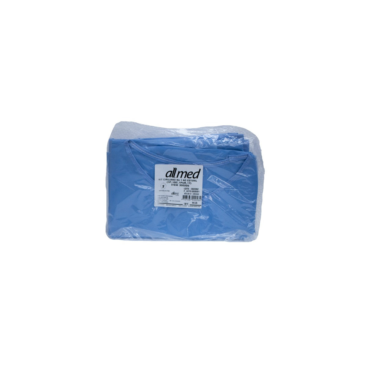 Kit Cirujano No 1 de ALLMED, compuesto por polipropileno no tejido, color blanco, en bolsa de 25x33+7 cm, uso único y desechable.