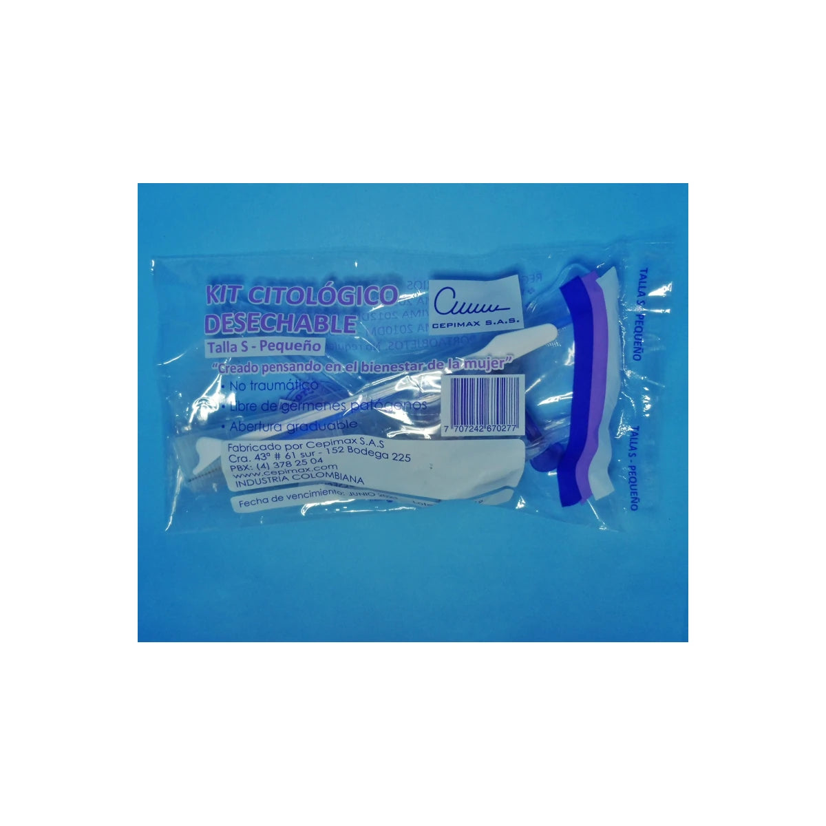 Kit Citológico Desechable T/S Cepimax, incluye especulo y accesorios, fabricado en plástico transparente, presentado en empaque individual.