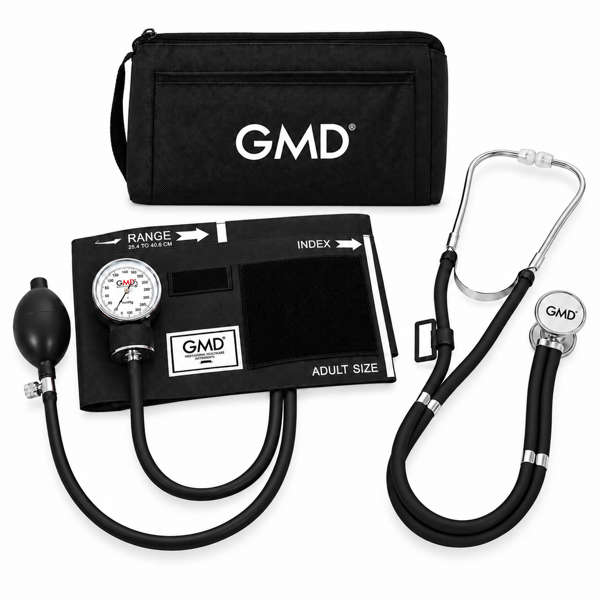 Kit Colors negro con tensiómetro y fonendoscopio de doble campana para medición de presión arterial y auscultación clínica.