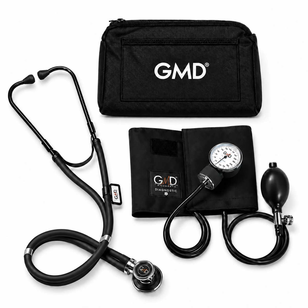 Kit Colors negro con tensiómetro y fonendoscopio de doble campana para medición y auscultación clínica.