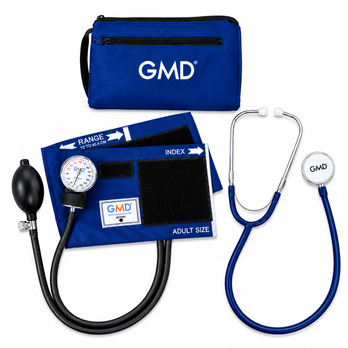 Kit Colors con tensiómetro y fonendoscopio Rappaport de doble campana color azul, diseñado para apoyar la medición de presión arterial y la auscultación clínica.