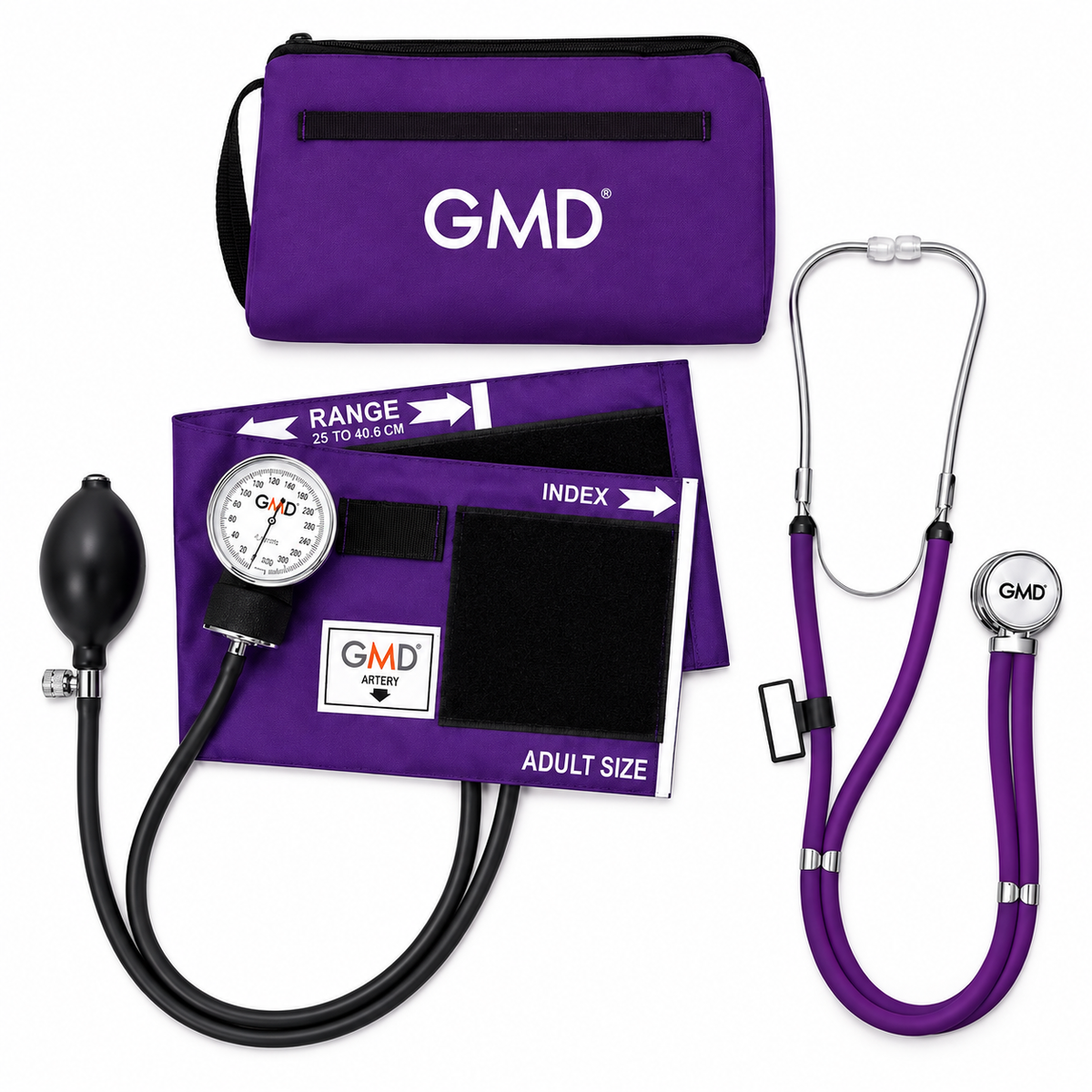 Kit Colors con tensiómetro y fonendoscopio Rappaport de doble campana con estuche color púrpura, diseñado para apoyar la medición de presión arterial y la auscultación clínica.