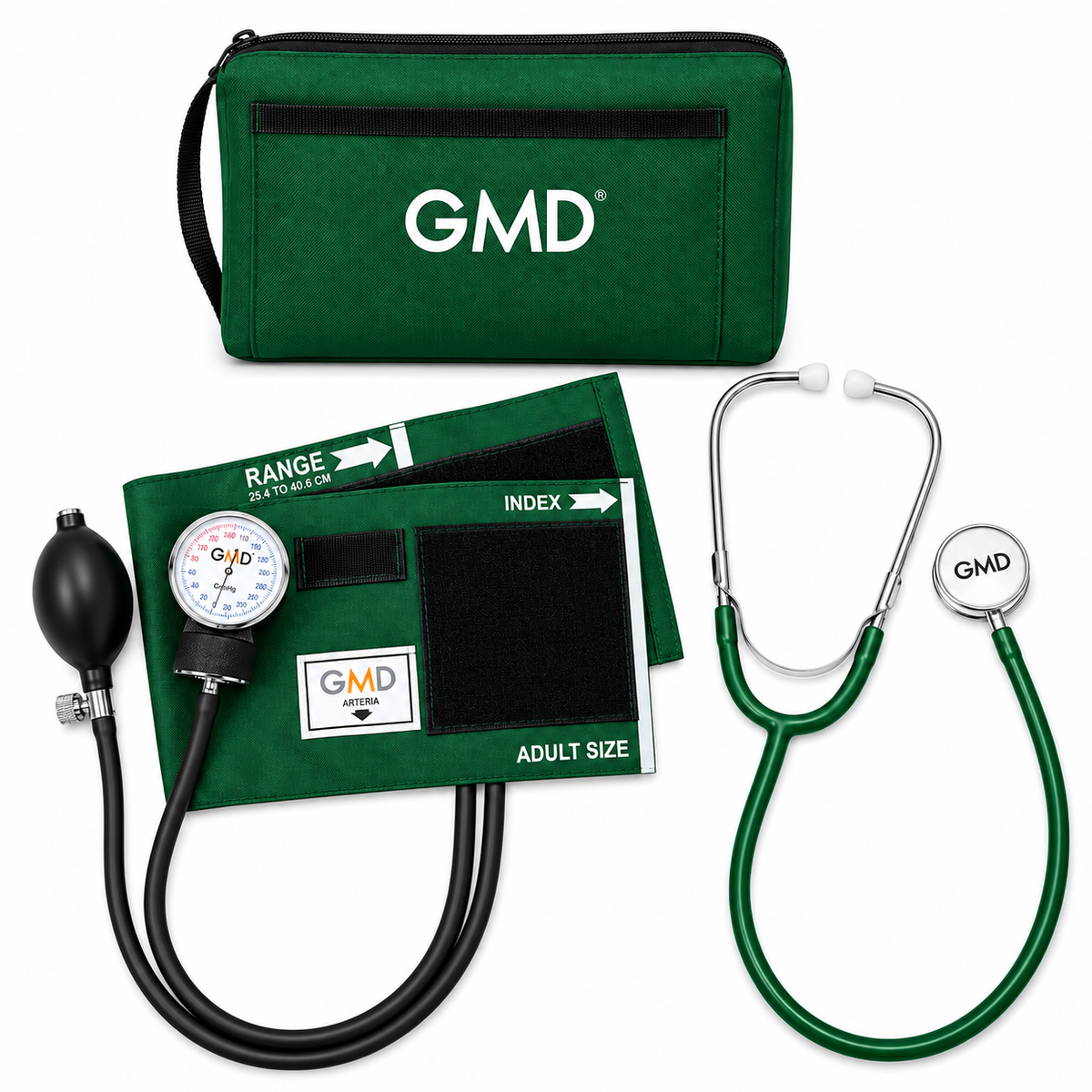 Kit Colors GMD con tensiómetro y fonendoscopio de doble campana color verde, referencia GMD50-RP-ST9, diseñado para apoyar la medición de presión arterial y la auscultación clínica.