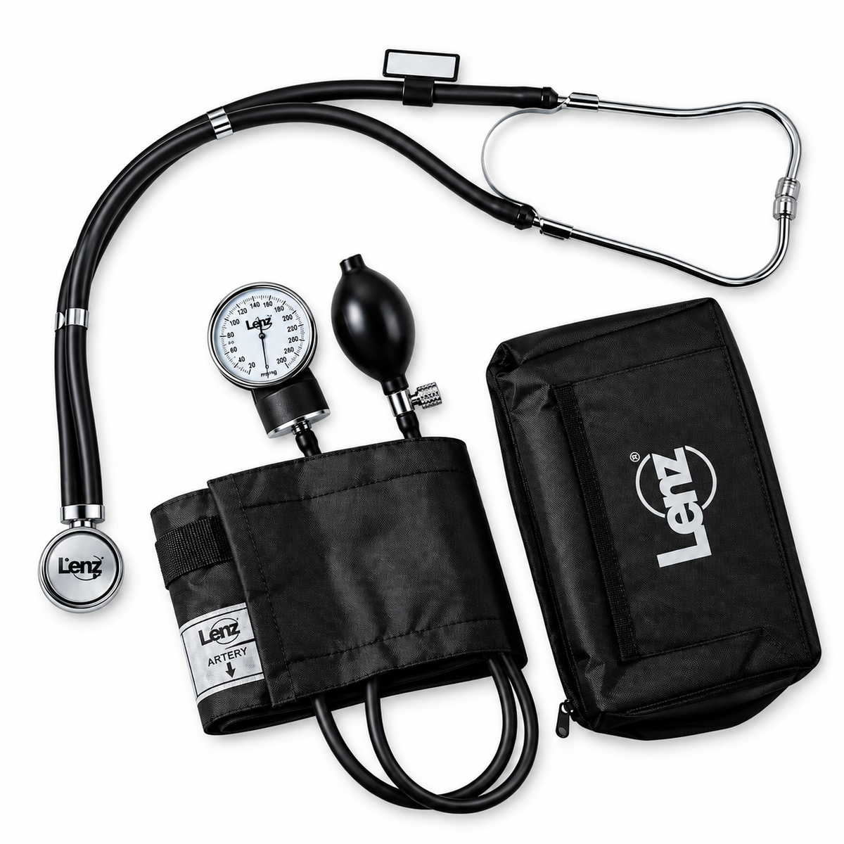 Kit diagnóstico Lenz GZ50 color negro con tensiómetro y fonendoscopio, diseñado para apoyar la toma de presión arterial y la auscultación clínica.