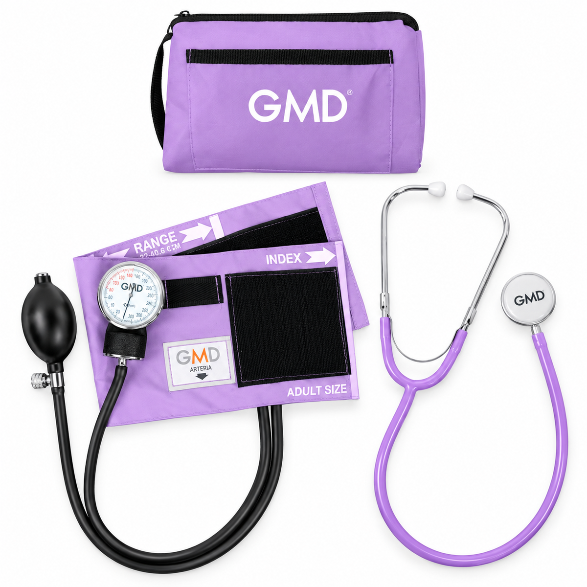 Kit Colors GMD50-DC-T16 con tensiómetro y fonendoscopio de doble campana, diseñado para apoyar la medición de presión arterial y la auscultación clínica.