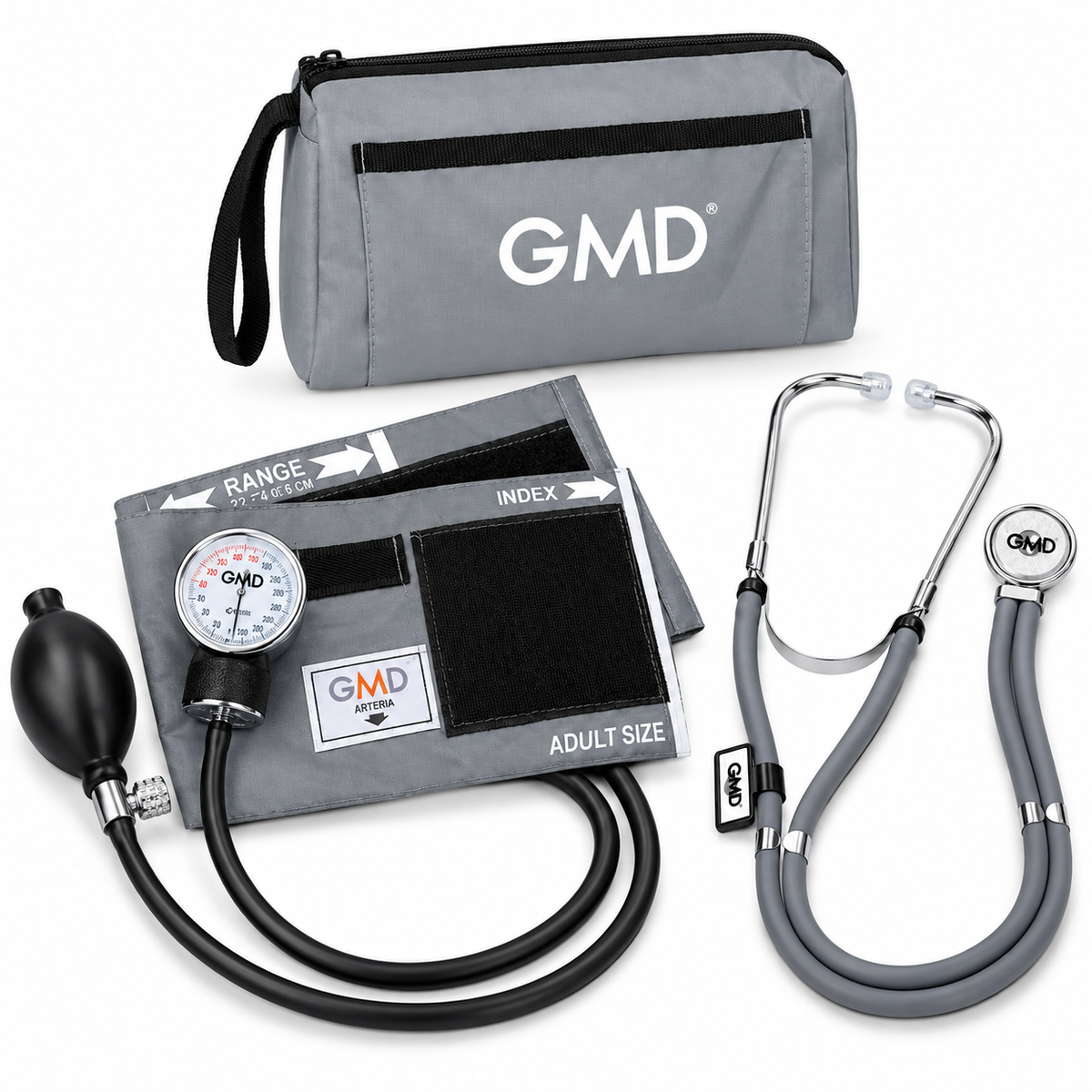 Kit F.C. con tensiómetro y fonendoscopio Rappaport de doble campana con estuche, diseñado para apoyar la medición de presión arterial y la auscultación clínica.