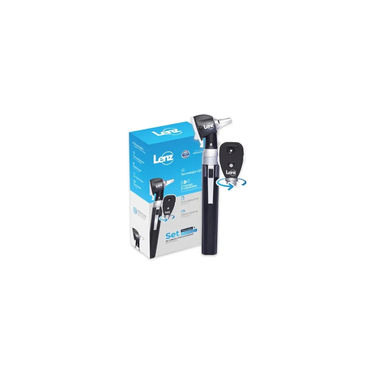 Set de cabezal intercambiable LENZ, incluye otoscopio y oftalmoscopio, mango ergonómico, cabezales intercambiables y estuche de nylon.