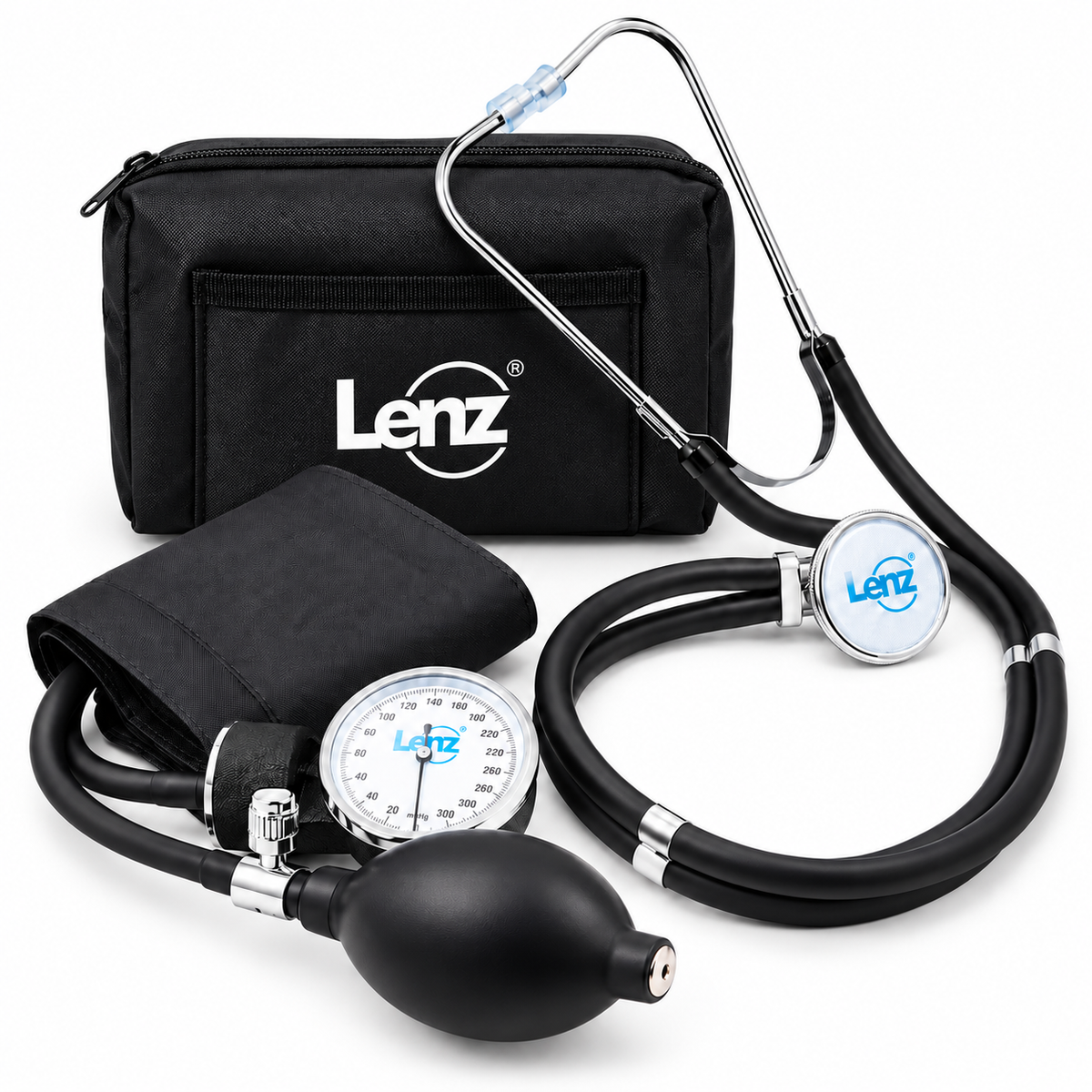Kit médico Lenz GZ50 negro con tensiómetro y fonendoscopio, práctico para valoraciones de presión arterial y auscultación.