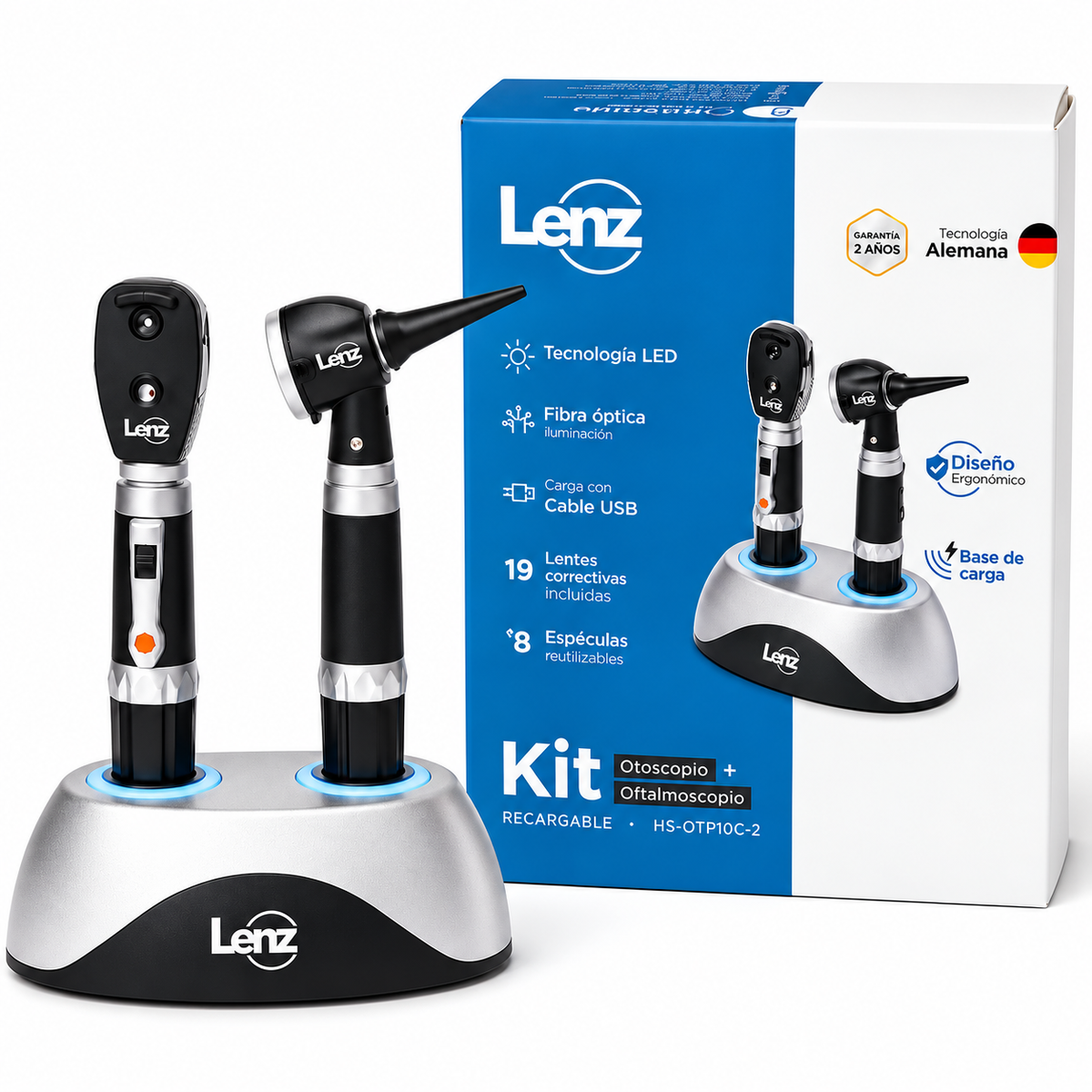 Kit recargable Lenz HS-OTP10C-2 para exploración de órganos de los sentidos, diseñado para apoyar diferentes evaluaciones clínicas.
