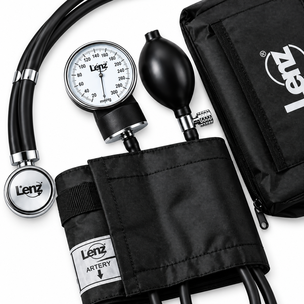 Kit Lenz GZ50 color negro con tensiómetro y fonendoscopio, diseñado para apoyar la medición de la presión arterial y la auscultación.