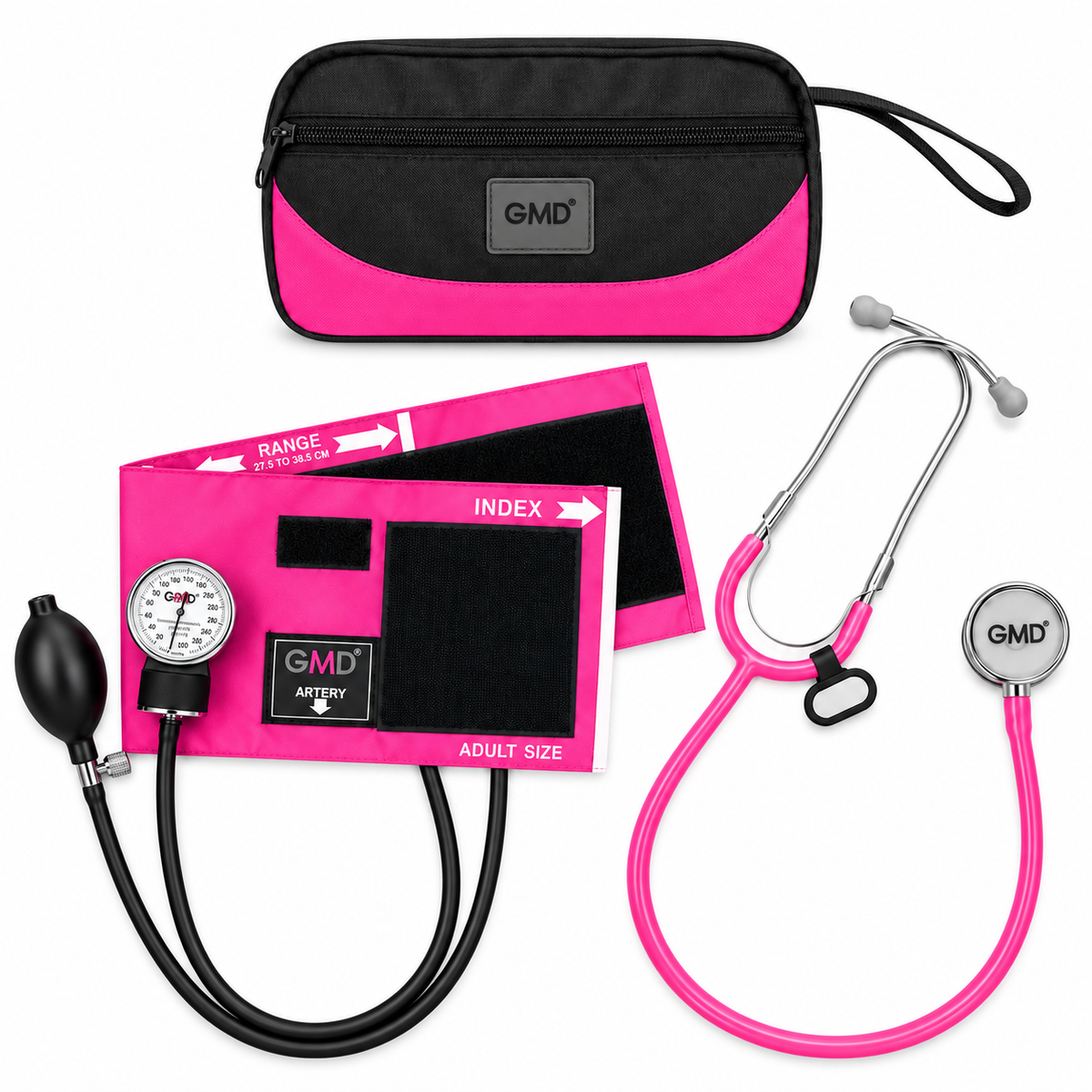 Kit con tensiómetro y fonendoscopio Rappaport de doble campana con estuche, diseñado para apoyar la valoración de signos vitales.