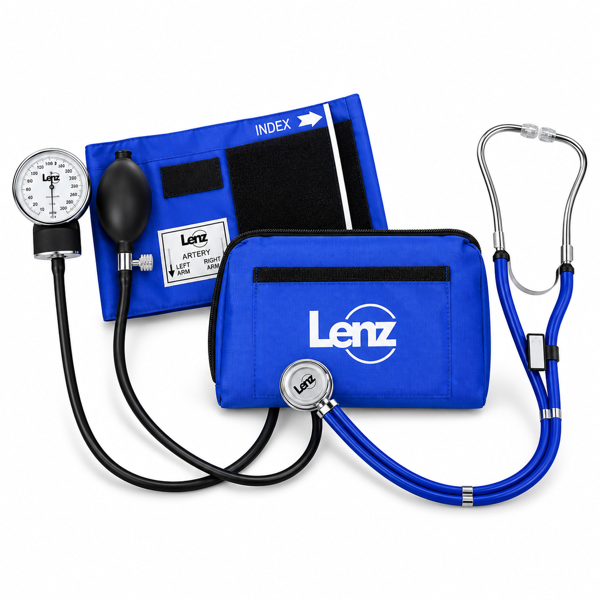 Kit Lenz Royal color azul rey con tensiómetro y fonendoscopio, diseñado para apoyar la medición de presión arterial y la auscultación clínica.