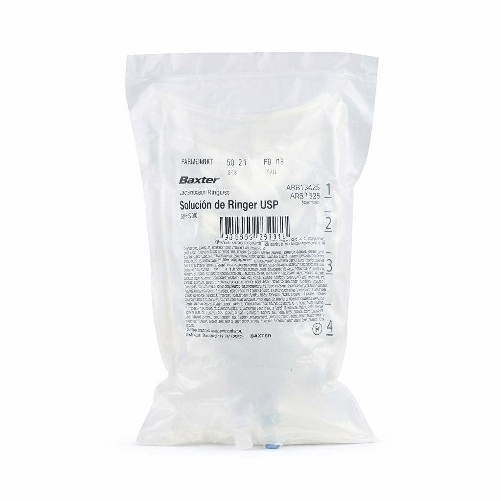 Solución inyectable Lactato de Ringer de 500 ml, en bolsa de PVC, utilizada para restablecer el equilibrio electrolítico y volumen.