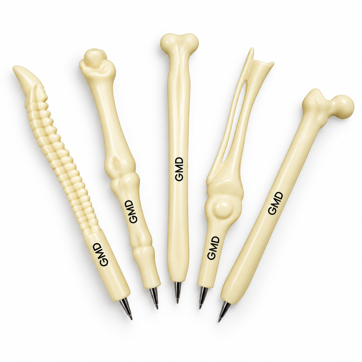 Lapiceros GMD con diseño de huesos, referencia GMD-LPS-H, ideales como accesorio temático para estudiantes y profesionales del área de la salud.