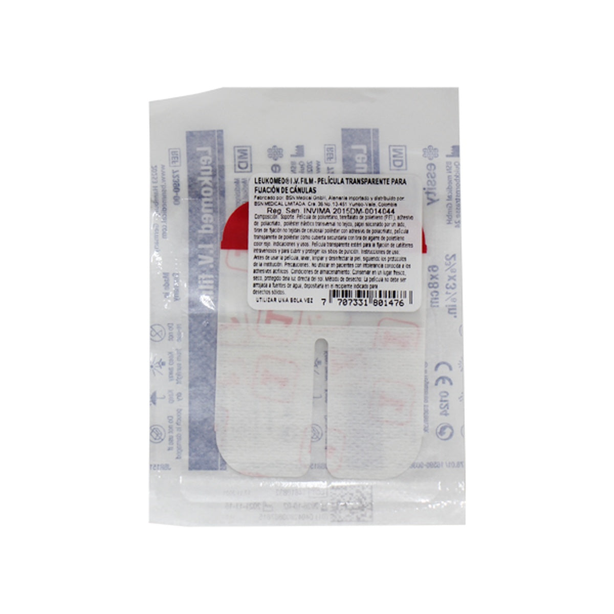 Película transparente estéril LEUKOMED I.V. FILM de 6 cm x 8 cm, fabricada en poliuretano y PET, diseñada para fijar catéteres intravenosos.