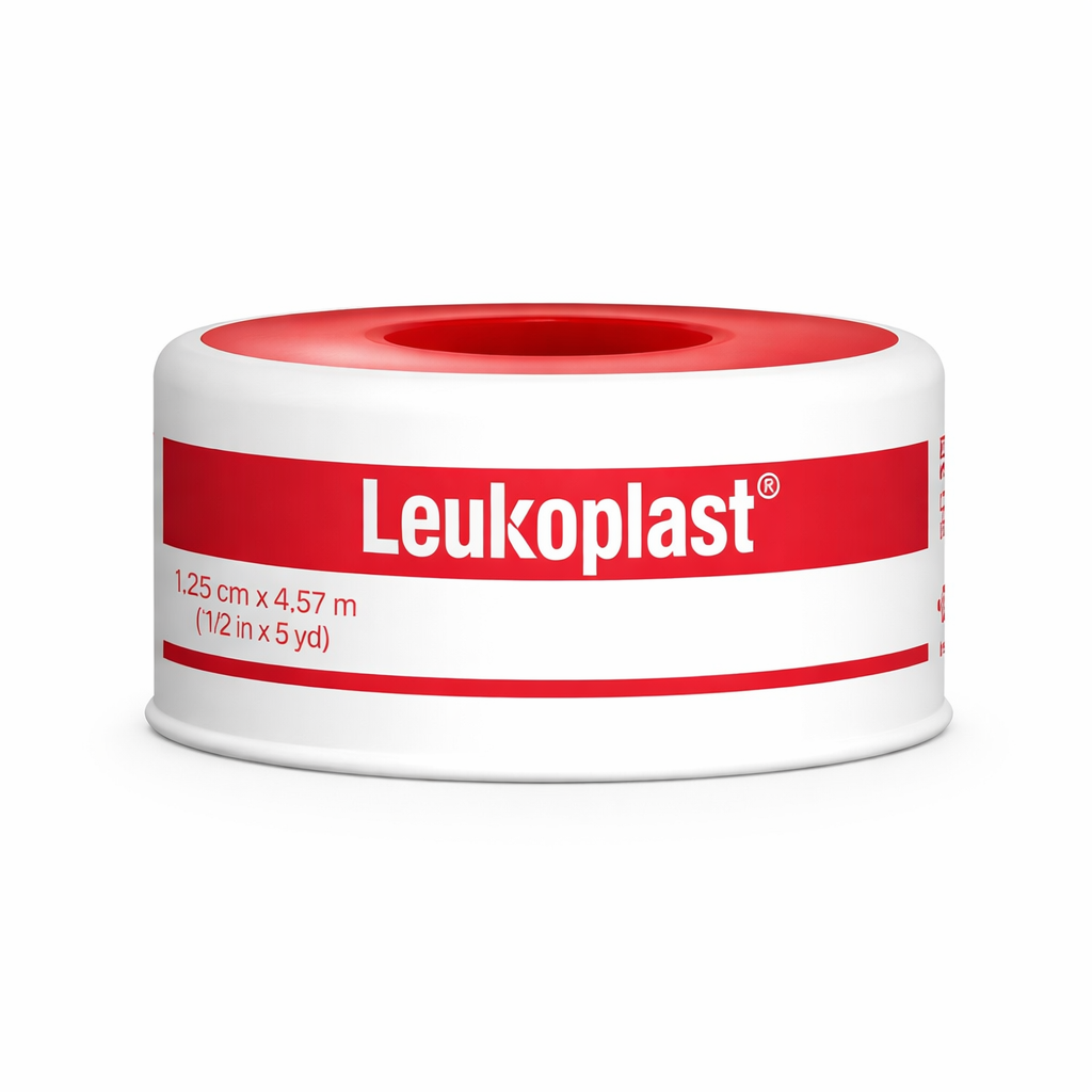 Cinta adhesiva médica LEUKOPLAST de 1/2" x 5m, color blanco, diseñada para fijación segura en aplicaciones clínicas.
