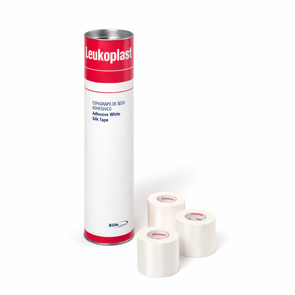 Esparadrapo de tela adhesivo LEUKOPLAST de BSN MEDICAL, color blanco, en rollo de 5 unidades, ideal para fijación de gasas y vendajes.