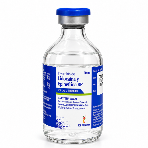 Lidocaína 2% con epinefrina inyectable Sicmafarma, vial de 50 ml para uso médico.
